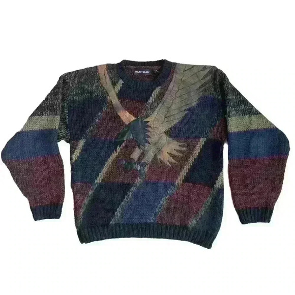 Vintage 90s Patchwork Knit Dad Sweater Bald Eagle w/ Leather Accents Medium - Picture 1 of 7
